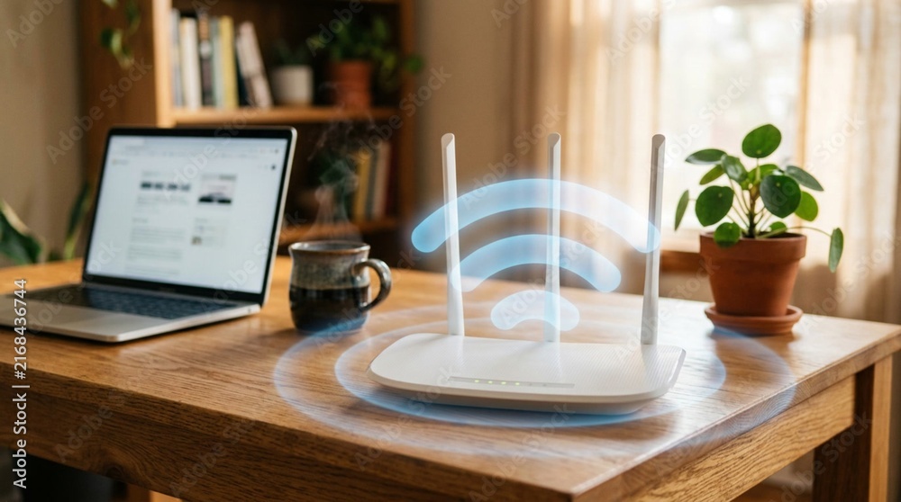 Fototapeta premium Modern white wireless router with three antennas on wooden desk in cozy home office, glowing blue Wi-Fi signal, laptop and potted plant in warm sunlight background