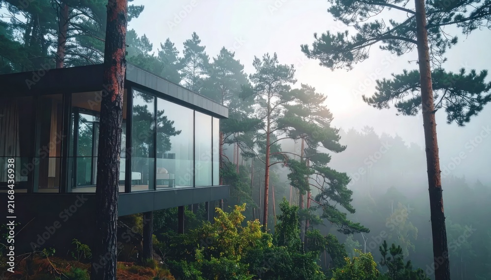 Fototapeta premium Modern house in misty forest landscape.
