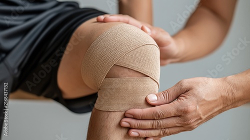 Close up of athletic knee being taped for support and injury prevention by a physical therapist