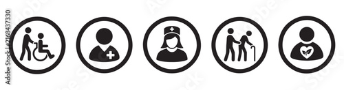Healthcare caregiving icon set, elderly assistance doctor nurse and disabled support symbols vector concept