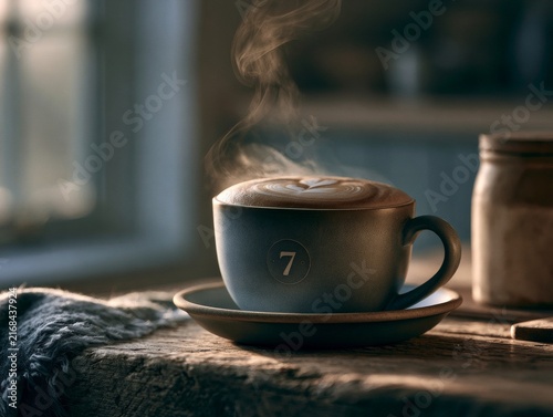 7. Steaming cup of coffee with latte art, in a cozy farmhouse kitchen, soft natural morning light, cinematic photorealistic style, ideal for marketing campaign. 