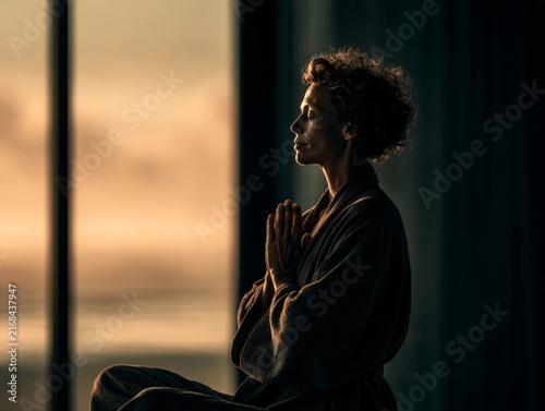 8. Person doing breathing exercises by the window, on a quiet beach at dawn, energetic and optimistic mood, soft natural morning light, high resolution DSLR photo, great for editorial use. 