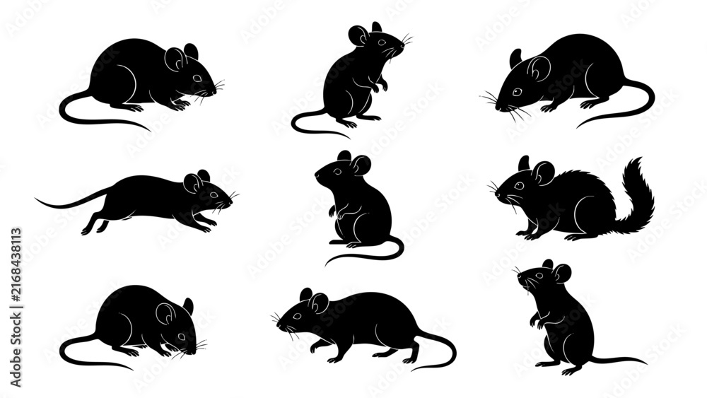 Obraz premium set of rats silhouettes, set of mouse black and white vector