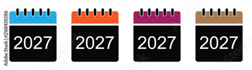 2027 calendar icon set, dark body desk calendar schedule agenda and new year planning symbols vector concept