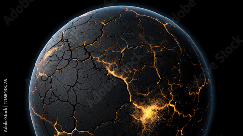 Dark planet Earth with cracked parched surface and glowing fissure against black background symbolizing drought, climate change, environmental crisis, and planetary damage