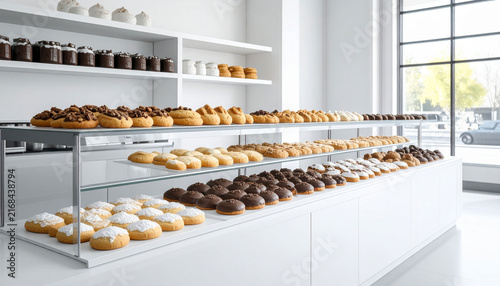 Variety of decorated cookies and sweet pastries on display in a modern white bakery shop