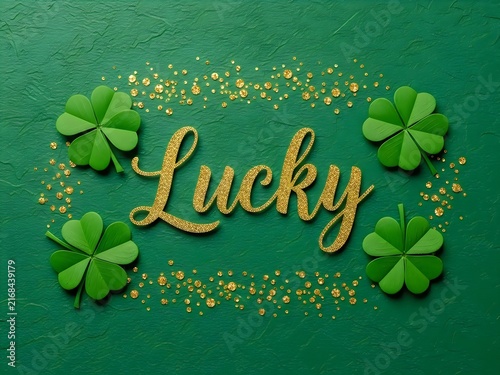 Lucky text with green shamrocks and gold glitter on transparent background