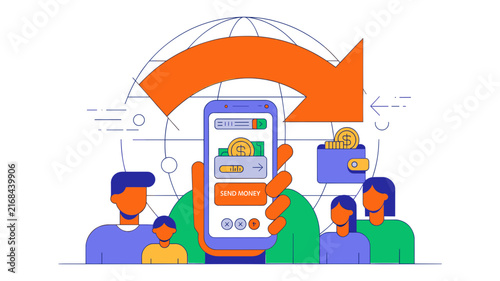 Global money transfer vector illustration, mobile remittance app concept, international online payment with smartphone and family