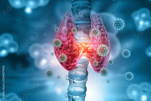 Foto Human thyroid gland anatomy showing a viral thyroiditis infection with floating pathogen particles on dark scientific background