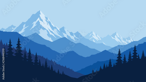 Blue mountain landscape vector illustration, snow covered peak with pine forest valley silhouette panorama, nature outdoor travel adventure poster background banner