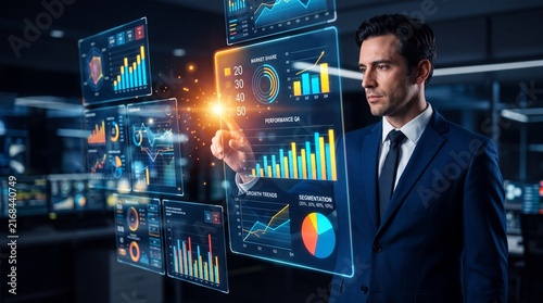 Businessman interacting with holographic data charts and financial analytics graphs in office