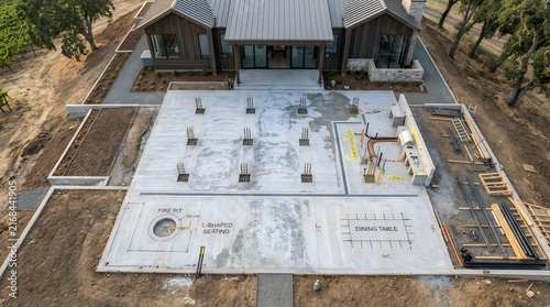 Aerial view of modern outdoor patio concrete slab under construction with marked fire pit l-shaped