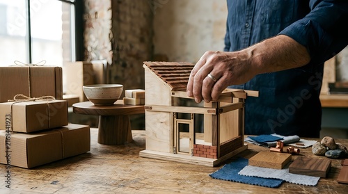 Architect assembling wooden house model on rustic table with fabric and material samples