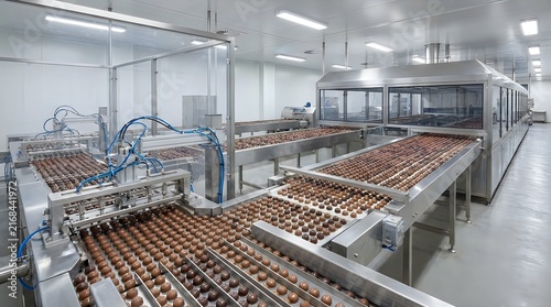 Automated chocolate production line with conveyor belts moving round candies in modern factory