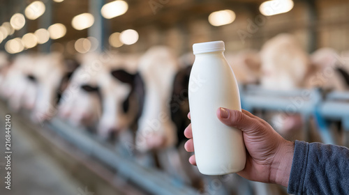 Farmer hand holding fresh milk bottle near dairy cow in modern barn, showing local agriculture and food production with calm natural emotion