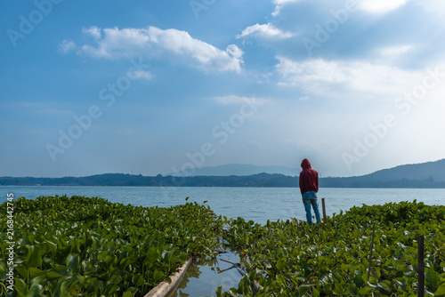 фотографія Solitary figure contemplating vast tranquil lake and lush green foliage under a