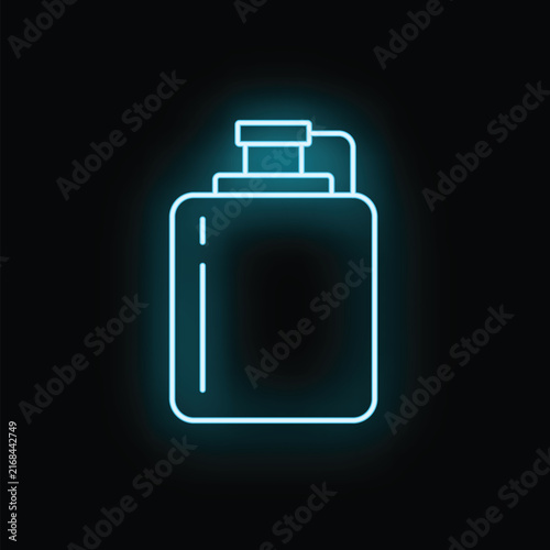 Hydration flask glowing in blue neon light on dark background