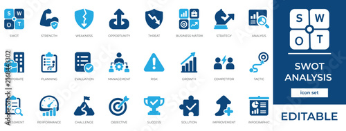 SWOT analysis icon set including strategy evaluation, strength assessment, and challenge analysis symbols.