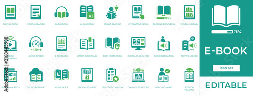 E-book icon set with online library screen, read learn education, and electronic reading audiobook symbols.