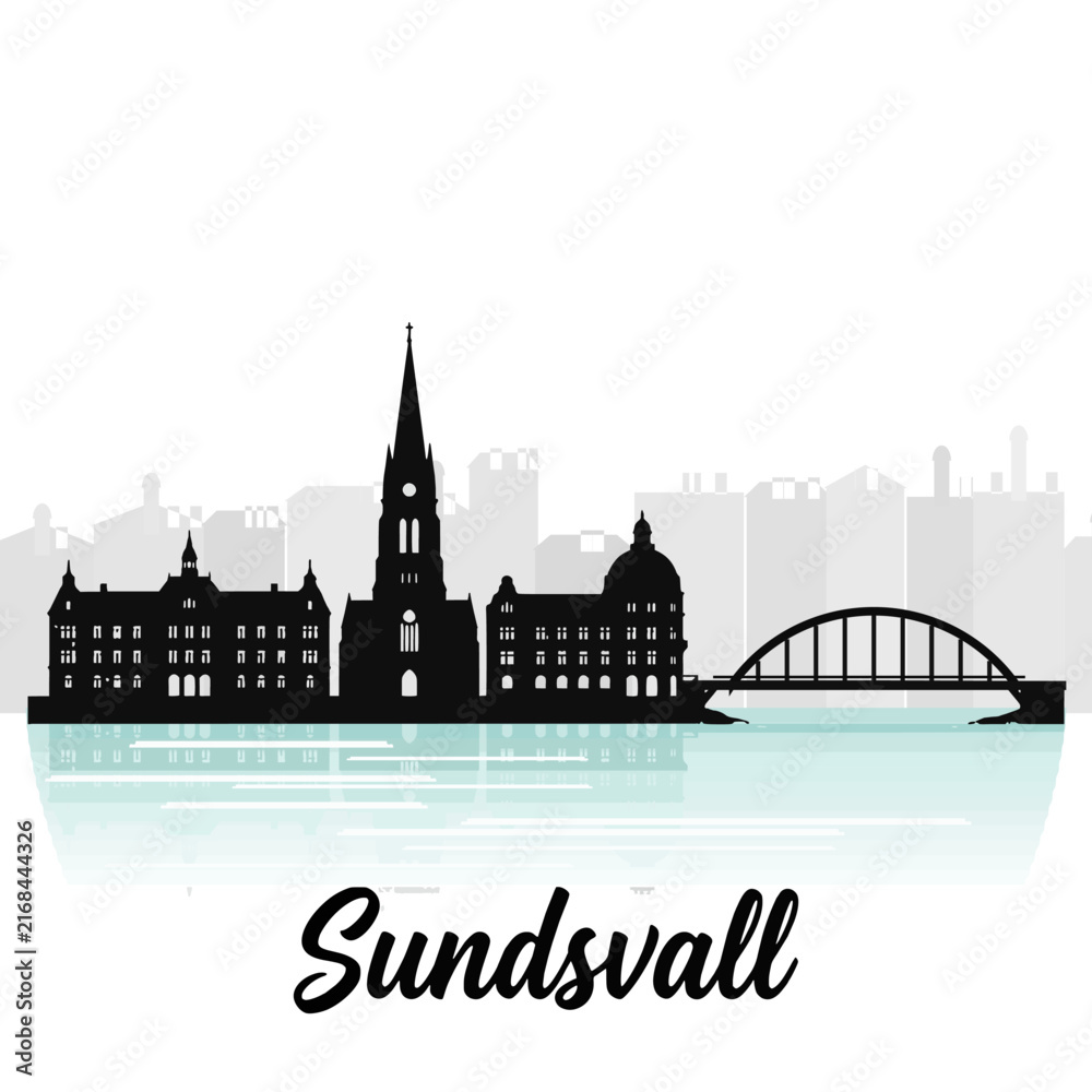 Fototapeta premium Sundsvall Sweden Skyline Silhouette - The Historic Stone City Vector Illustration