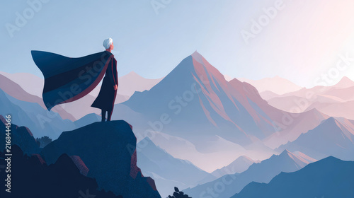 proud senior woman with cape stand on a cliff in mountain landscape illustration