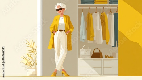 senior woman stand in closet surrounded by yellow clothing illustration