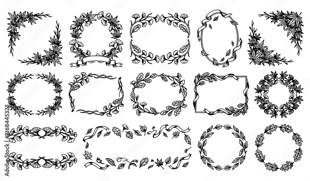 Fototapeta premium Big set of hand drawn maple and ginkgo leaf wreaths oval frames corner borders and ribbon dividers, botanical line art illustration collection