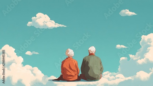 senior couple sit together in clouds symbolic illustration