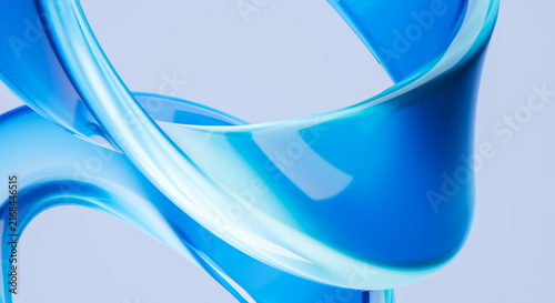 Abstract Blue Glass Ribbon Sculpture 3D Render with Flowing Curves and Reflective Surface on Light Background