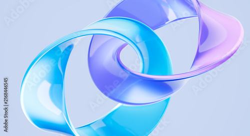 Abstract 3D Render of Intertwined Glass Torus Shapes in Blue Pink and Purple Gradient Colors on Light Background
