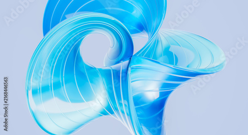 Abstract Blue Glass Sculpture 3D Render Fluid Swirl Shape Modern Digital Art Glossy Translucent Curved Form on Light Background