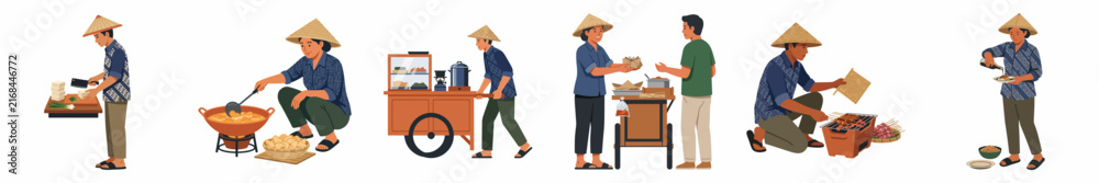 Obraz premium Set of traditional Indonesian street food vendors in various activities, including cooking, serving, and pushcart selling, isolated on white background.