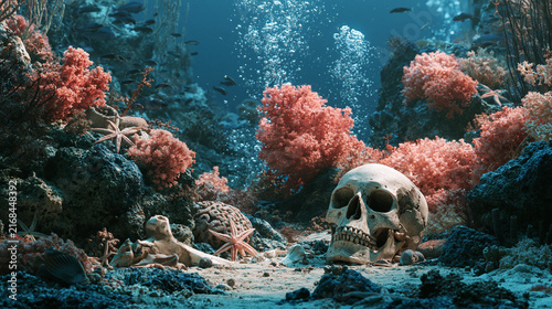 A cinematic underwater shot of a human skull resting on a vibrant coral reef floor surrounded by marine life, bubbles, and mysterious deep blue water.
