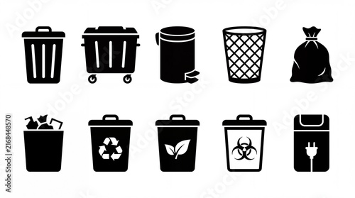 Set of ten black silhouette waste disposal container icons for recycling with disposal methods white background icons representing various displays collection ten