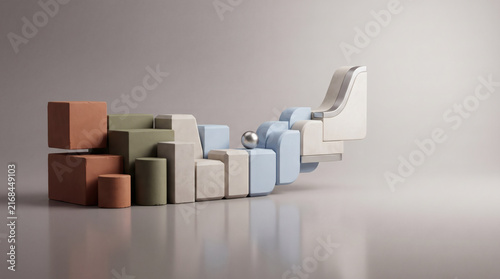 Abstract geometric blocks transforming into a modern digital structure on grey background