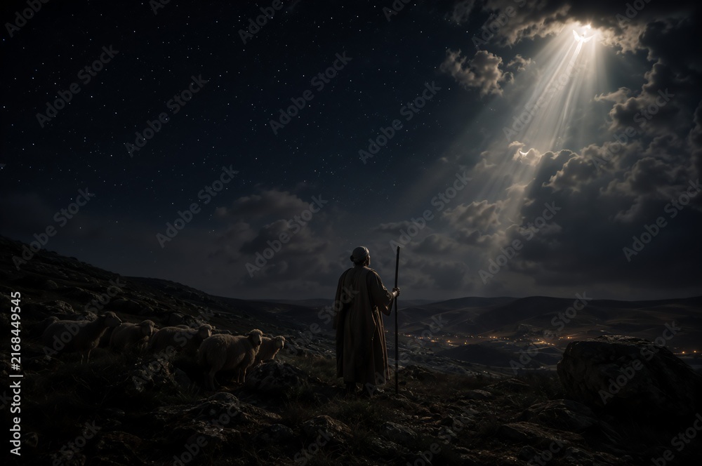 Fototapeta premium Shepherd with sheep on hill watching glowing angel appearing in night sky with divine light beam. Biblical Christmas nativity scene and announcement of birth of Jesus Christ