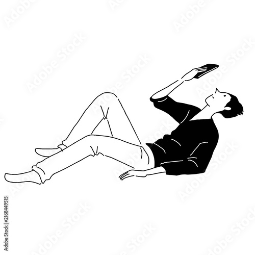 Line drawing of a man lying down and looking at his cell phone