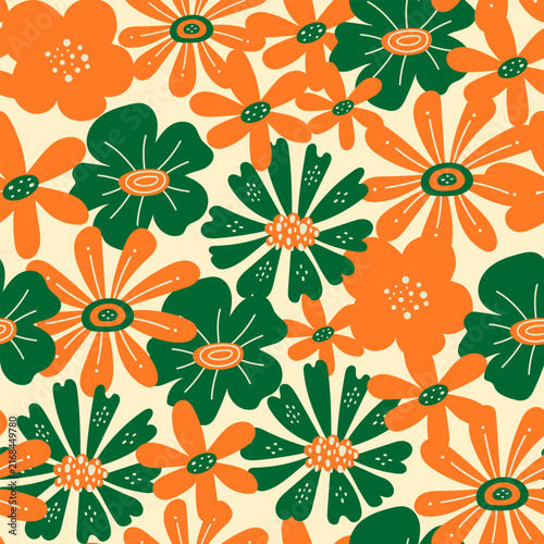 Floral seamless pattern in bright colors. Retro background, summer mood. Blossom floral seamless print. Vector pattern for various surface. Creative floral design. Blooming meadow background