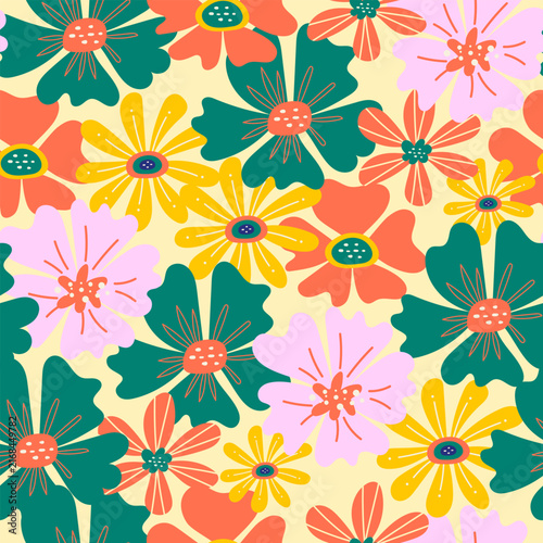 Floral seamless pattern in bright colors. Retro background, summer mood. Blossom floral seamless print. Vector pattern for various surface. Creative floral design. Blooming meadow background