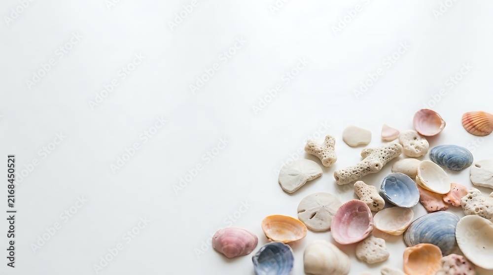 Fototapeta premium Assorted sea shells on a white surface.