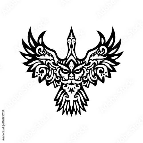 Intricate tribal phoenix silhouette with spread wings, featuring ornamental floral patterns in a symmetrical vector style. A bold mythical bird emblem suitable for logos, tattoos, apparel, branding, a