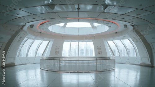 Modern futuristic circular room with city view