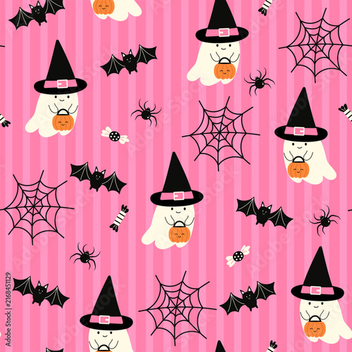 Halloween seamless pattern. Cute ghost, bat and cobweb on a pink background with stripes. Repeating vector print for wrapping, textile, decoration. Halloween party. Fall holiday illustration.