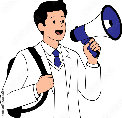 Male high school student holding a megaphone, flat vector illustration for school announcement and cheering