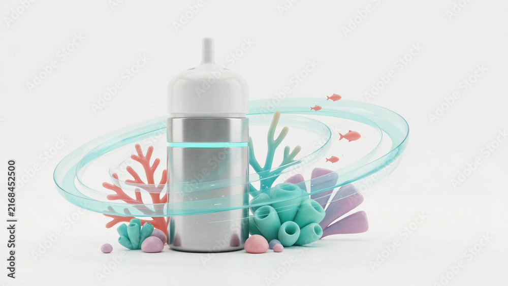 Obraz premium Creative illustration of breast pump surrounded by colorful underwater elements and medical accessories