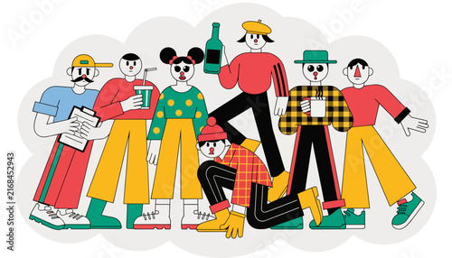 Diverse Friends Group Illustration - Colorful Characters with Drinks and Accessories
