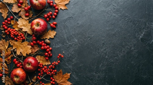 Autumn harvest of red apples berries and colorful fall leaves on a dark slate background