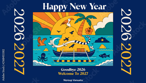 Happy New Year 2027 Tropical Island Farewell 2026 Nautical Sunset Voyage Abstract Art