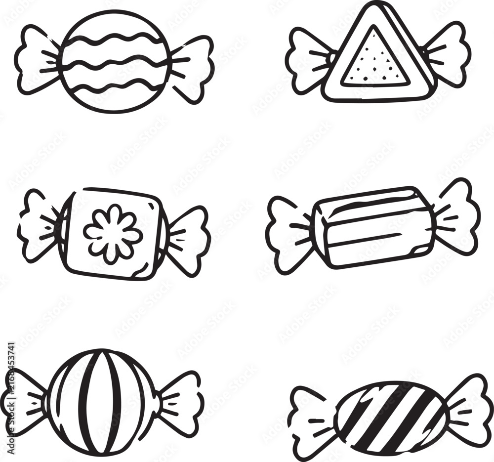 Fototapeta premium Sweet candy and wrapped confectionary vector icon set, wavy line candy, triangular sweet, flower pattern treat, rectangular candy, striped ball and diagonal stripe sweet illustration