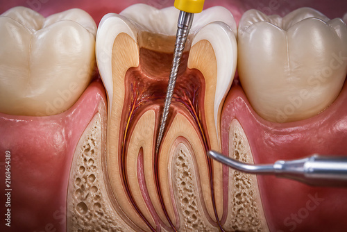 A dental procedure is being performed on a molar tooth, with an instrument inserted into the root canal.